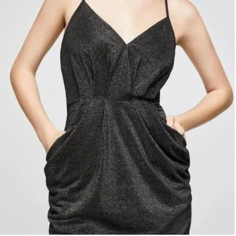 BCBG GENERATION METALLIC BLACK SURPLICE MIDI POCKET DRESS - Picture 2 of 13
